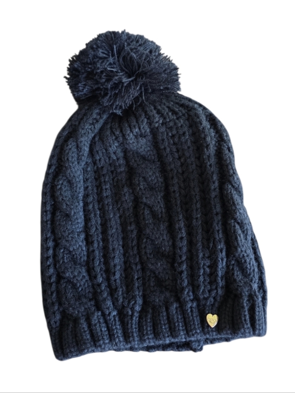 Juicy Couture Black Cable Knit Pom Hat with Heart Charm McBling Girlie Pop